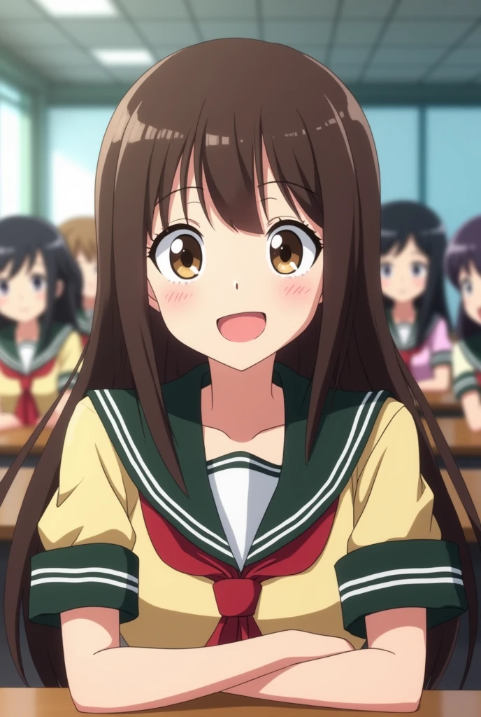 Screenshot of my hero academia girl with long straight brown hair with bangs,She has light brown eyes and a happy expression. She is wearing a UA uniform. In the background she has a UA school class and is sitting at a table.