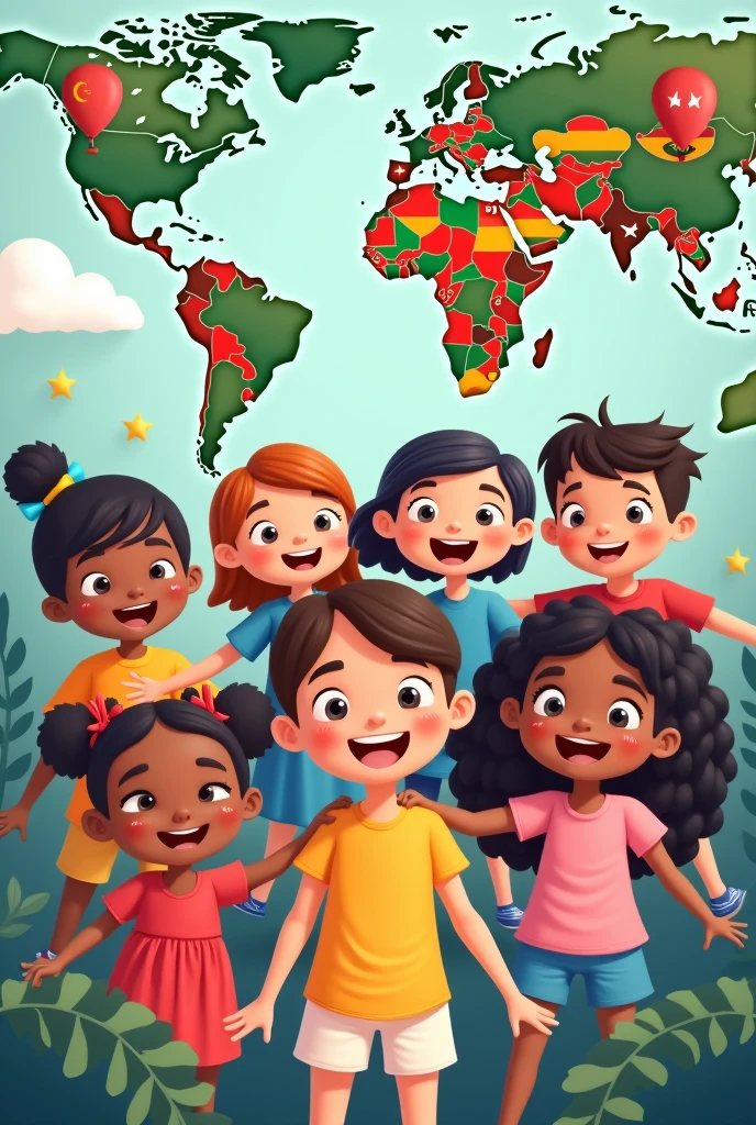 Cover for language subject. Animated design, children, with various symbols and flags of countries where English is spoken, no letters just image
