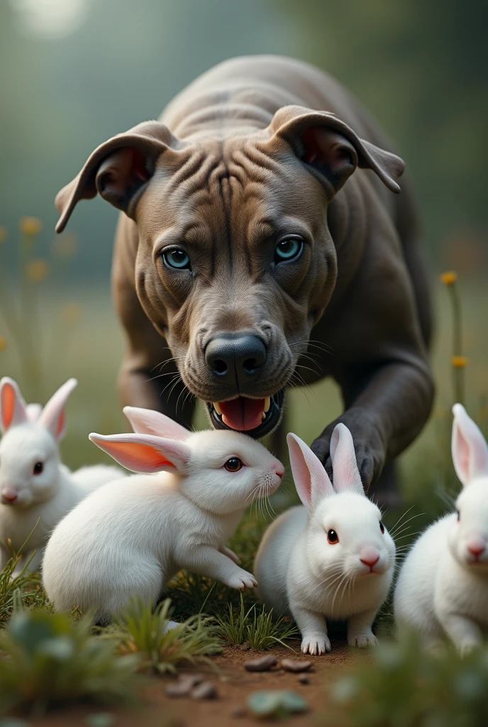(photorealism:1.2), adult, pitbul dog, black en white, one blue eye and one brown eye, with heterochromia, attak white bunnies, mother bunny offers to save her children, mother with red eyes die
