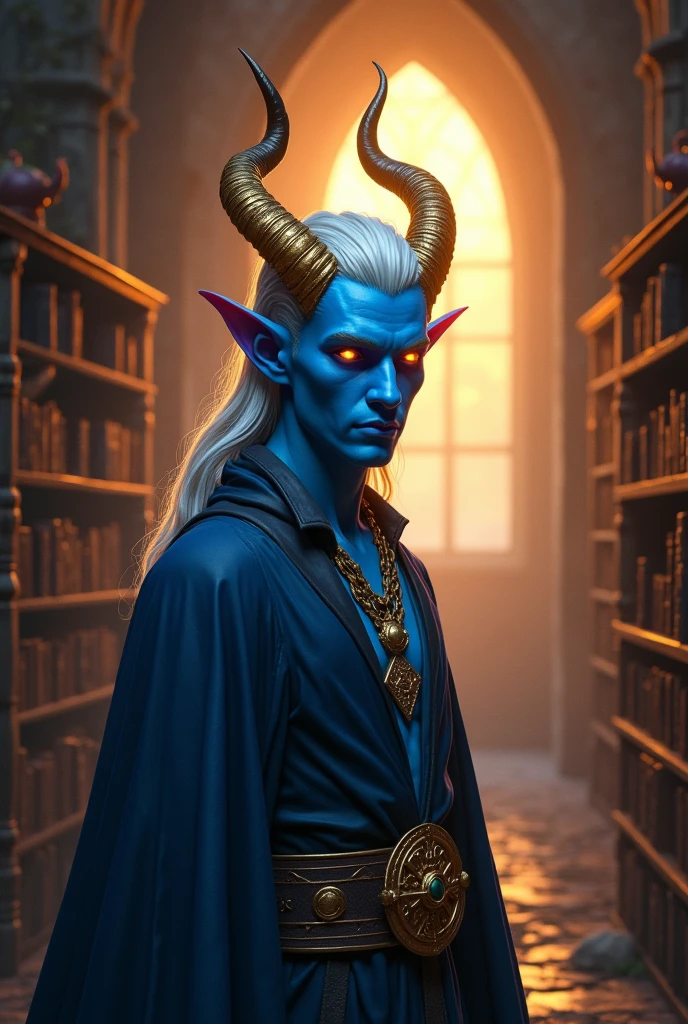High-fantasy concept art. Medium shot. Blue young male tiefling with smooth, clean shaven face, a very sharply pointed chin, swept back shoulder length white hair, golden horns, and brightly shining golden eyes in a mystical, ancient library. Golden hour. Soft, mystical light spills across the tiefling's facial features, accentuating his sharp jawline and horns. Intricate, leather-bound tomes line the shelves behind him. Warm, rich colors and atmospheric shadows. Best quality. Masterpiece. 8k resolution. Infinitely detailed. Dungeons and Dragons. Fantasy creatures. Mythical beings. High-fantasy worlds. Wizards of the Coast. Equipped warrior. Mystical auras. Leather armor. Sorcerous elements.