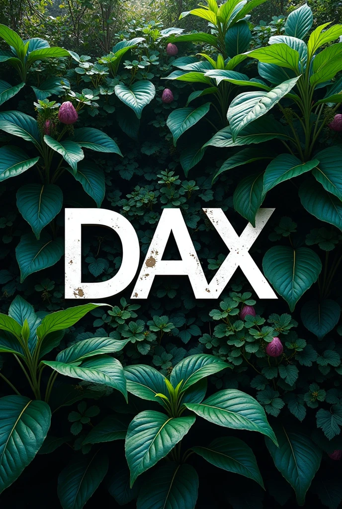 An image with white letters saying DAX and a background of plants