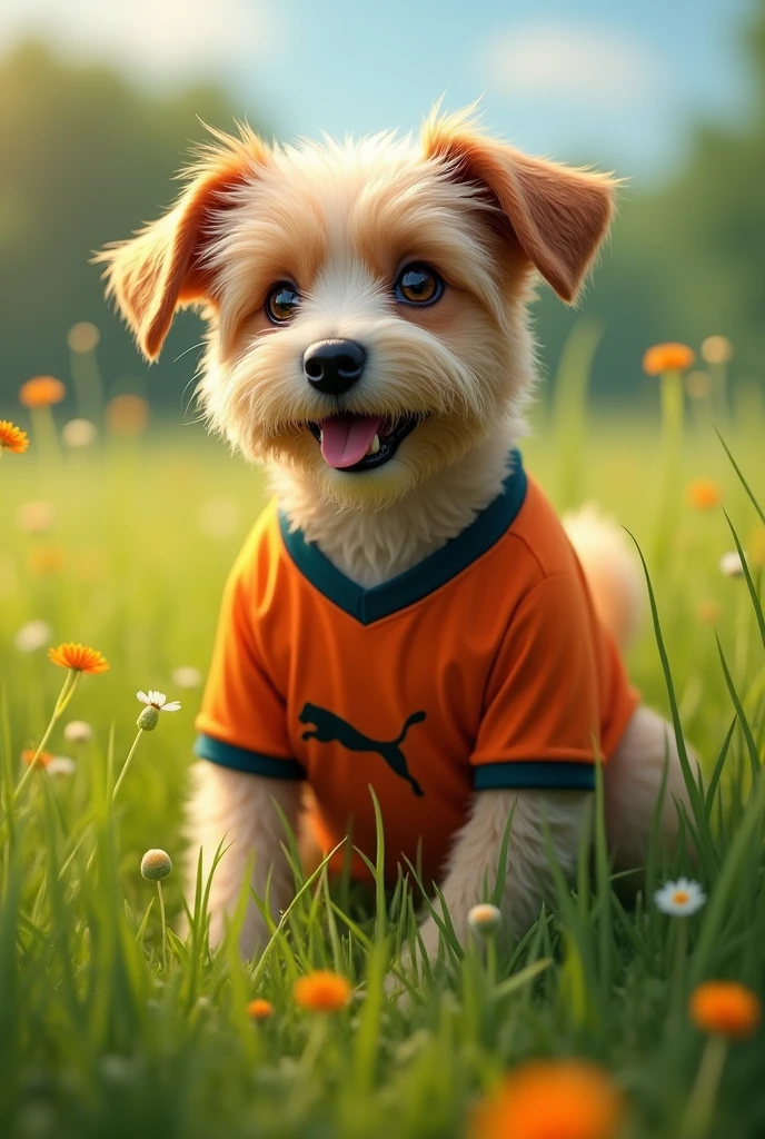 Football shirt on a dog with orange cat symbol