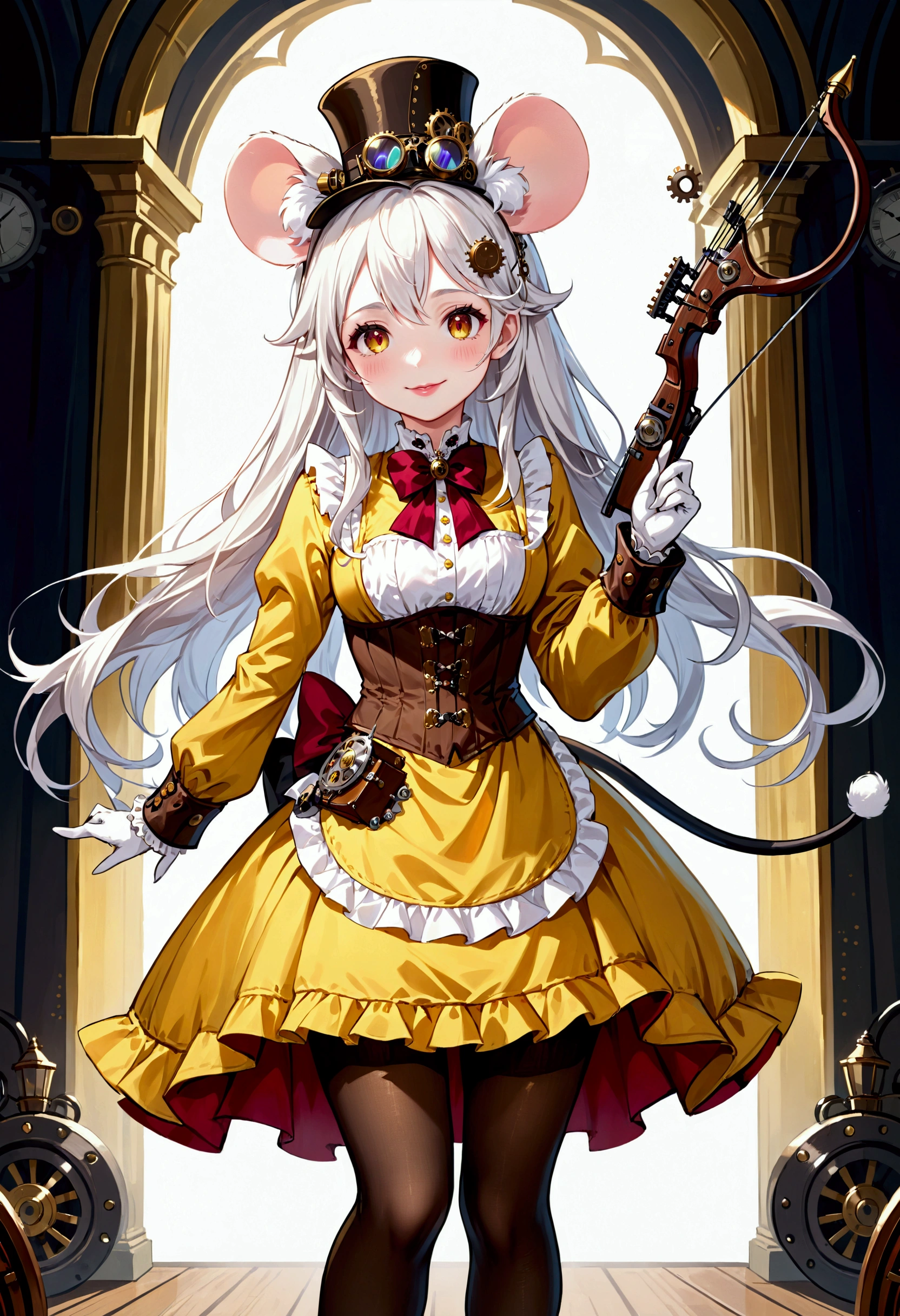 (best quality,4k,8k,highres,masterpiece:1.2), ultra-detailed, Pretty anthropomorphic mouse girl, drawn in anime style, steampunk, wearing a yellow frilly dress with long sleeves, white apron, petticoat, corset, long curly white hair and red eyes, beautifully detailed lips with lipstick, white fur, smiling, mouse ears, mouse tail, steampunk hat with goggles, high heeled boots, black pantyhose, holding a crossbow, standing up elegantly.