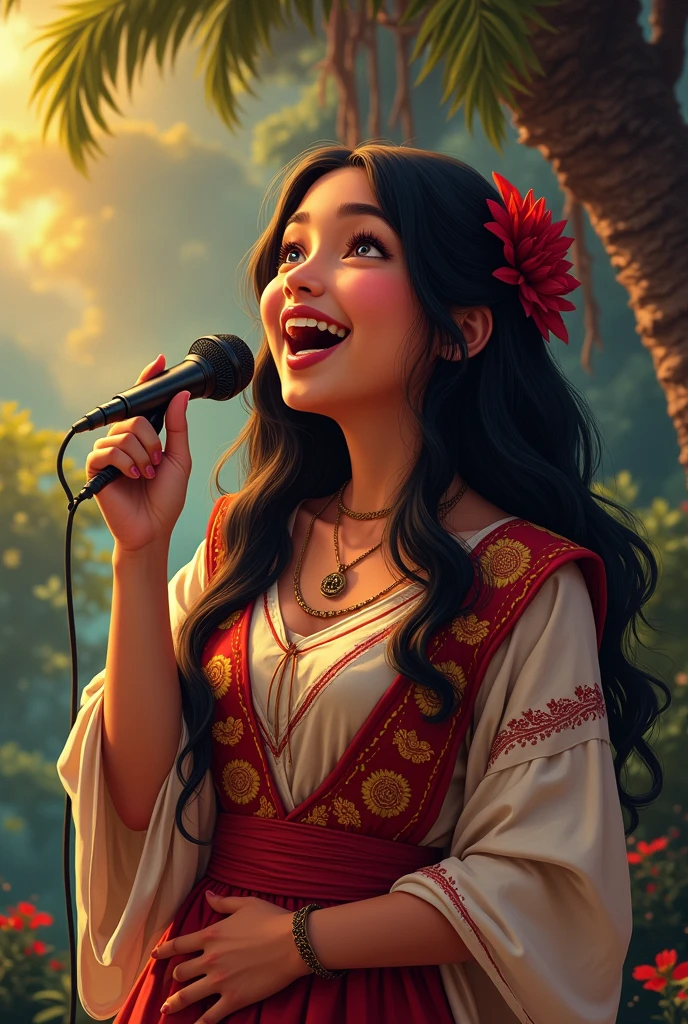 woman singing. She has straight black hair, small eyes, dark eyes, clear skin, medium build, peruvian clothing, Nice smile. disney type