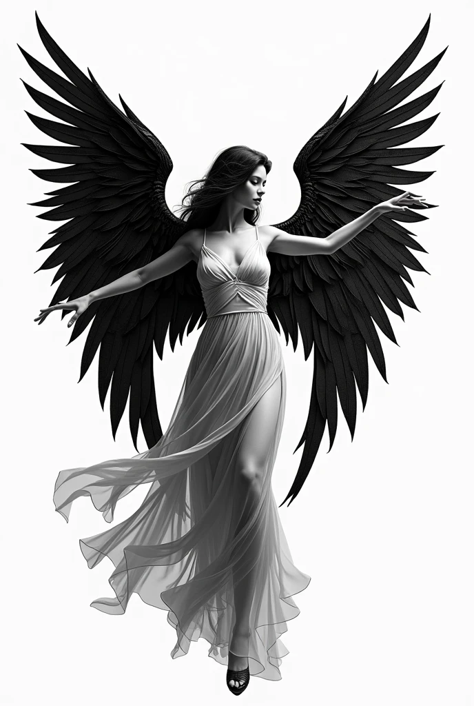 Creates an image of a black and white angel with details for a new brand's shirt print.