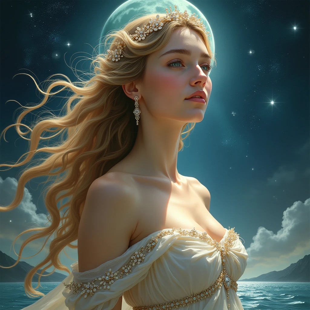 (masterpiece, high resolution, high detail, best quality, the most important work), magnificent, stunning, spectacular, breathtaking, good-looking, pretty, handsome, cute, lovely, attractive, gorgeous, melodious, exquisite, dazzling, majestic, Aphrodite, the goddess of beauty and love, Most beautiful goddess, Moon Goddess, Incarnation of beauty