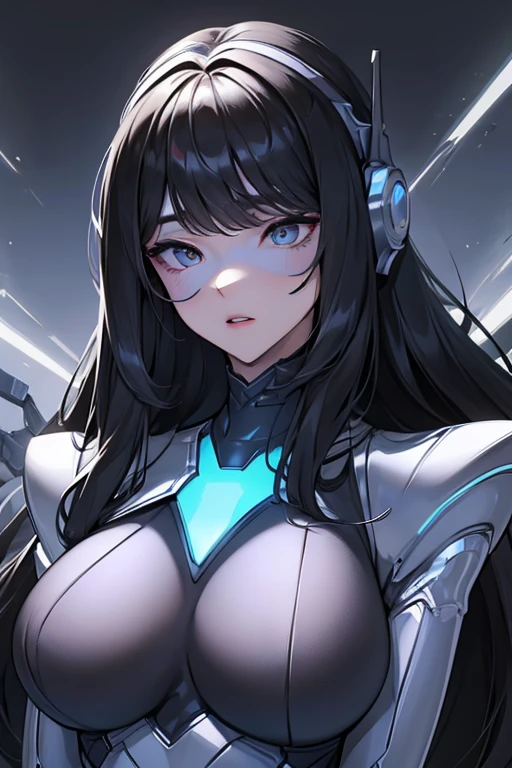 empty eyes,robotization,woman ,big bust,Robot Joint ,Metal skin,Black Suit,long hair,a black suit that covers the whole body