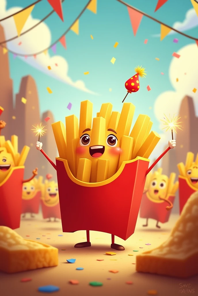 Create me a friendly realistic cartoon image of a French fry in a world of French fries celebrating World French Fry Day