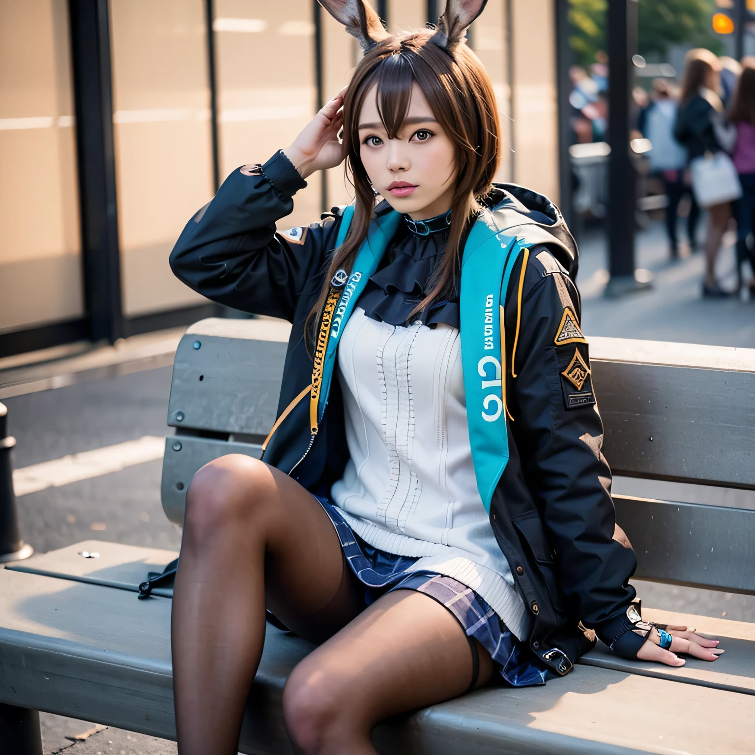 "solo, Amiya Arknights, sitting on bench, outdoor expo event, sunny day, long brown hair, brown rabbit ears, cosplay, casual pose, vibrant festival atmosphere, colorful decorations, realistic."