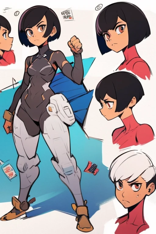 A female, full body, woman, character sheet, simple suit, short hair, fight pose