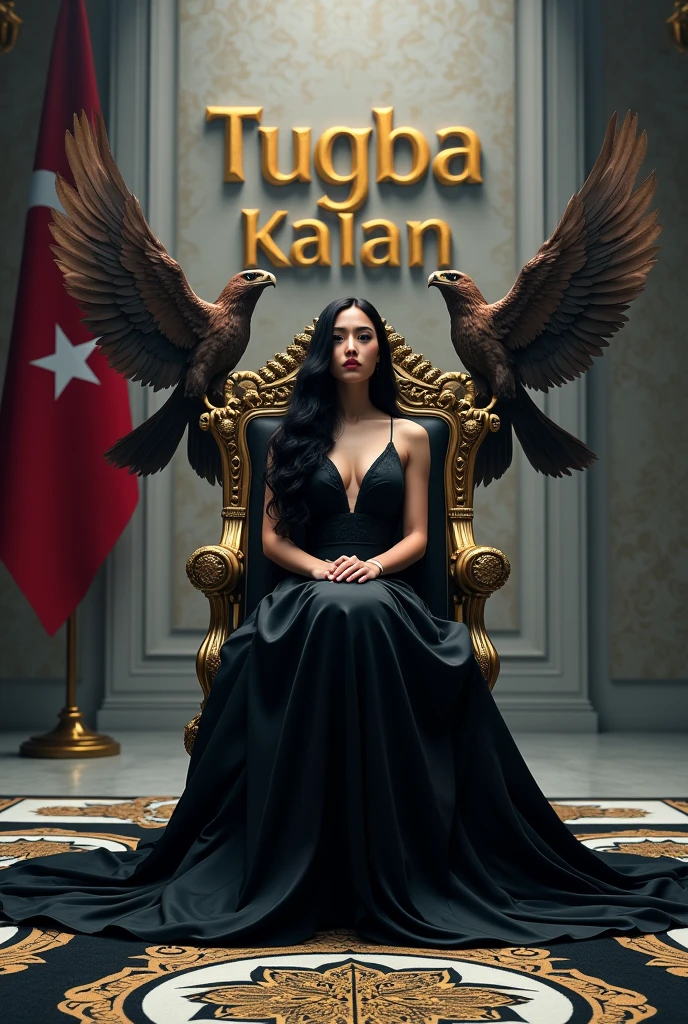 LET IT BE A PLACE WITH WHITE LIGHT. THERE SHOULD BE EAGLES ON THE RIGHT AND LEFT, AND THERE SHOULD BE THE QUEEN'S SEAT IN THE CENTER. LET THERE BE A TURKISH FLAG IN THE PHOTO. A 23-YEAR-OLD WOMAN WITH BLACK HAIR IS SITTING IN THE ROYAL SEAT. THE LADY'S DRESS MUST BE BLACK. "TUGBA KALAN" SHOULD BE WRITTEN ON THE WALL WITH A 3D LOGO. THE COLOR SHOULD BE GOLDEN YELLOW. THERE MUST BE CARPET ON THE FLOOR AND IT SHOULD BE IN BLACK AND WHITE COLOR. IT SHOULD WRITE "TUGBA KALAN" ON IT.