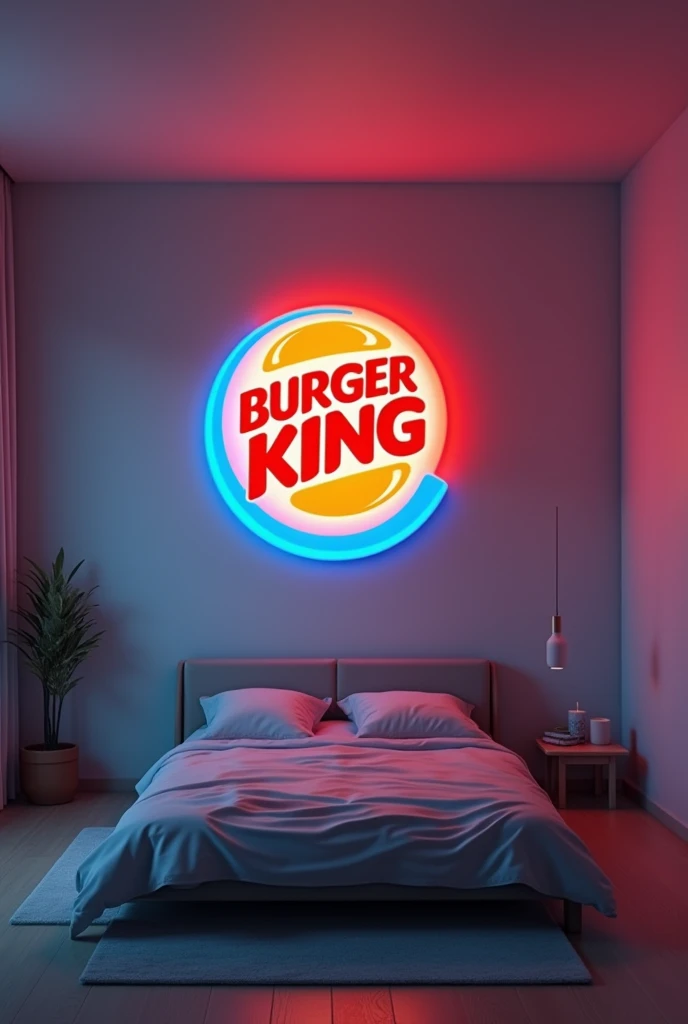 Bedroom, Luminous Buger King logo hanging on the wall, 8k, High Quality