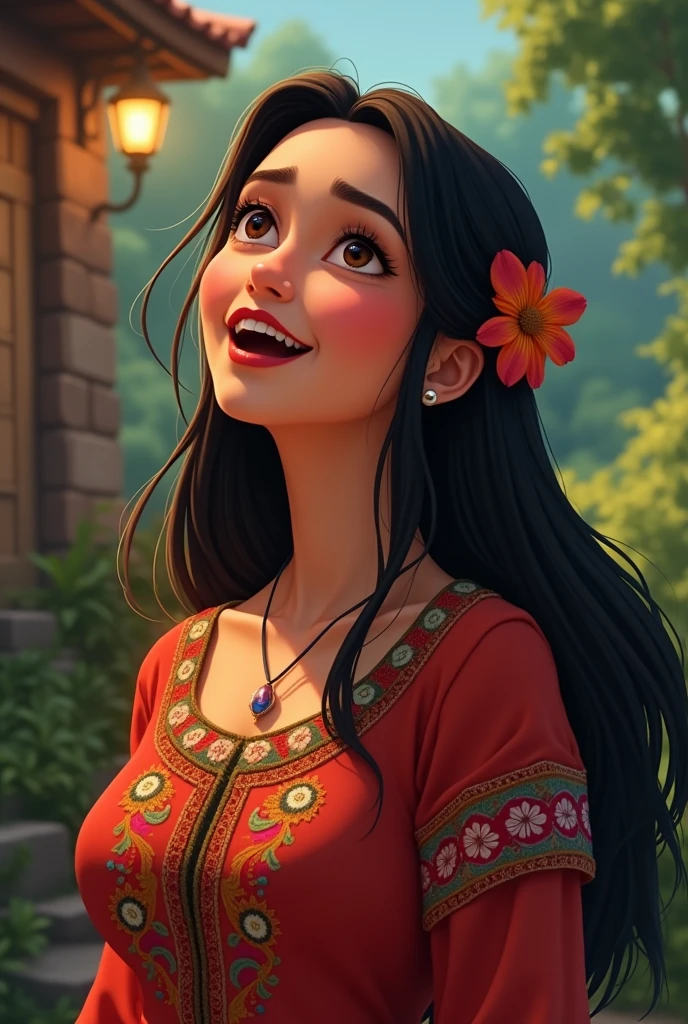woman singing. She has BLACK and STRAIGHT hair, small eyes, dark eyes, clear skin, medium build, peruvian clothing, Nice smile. disney type