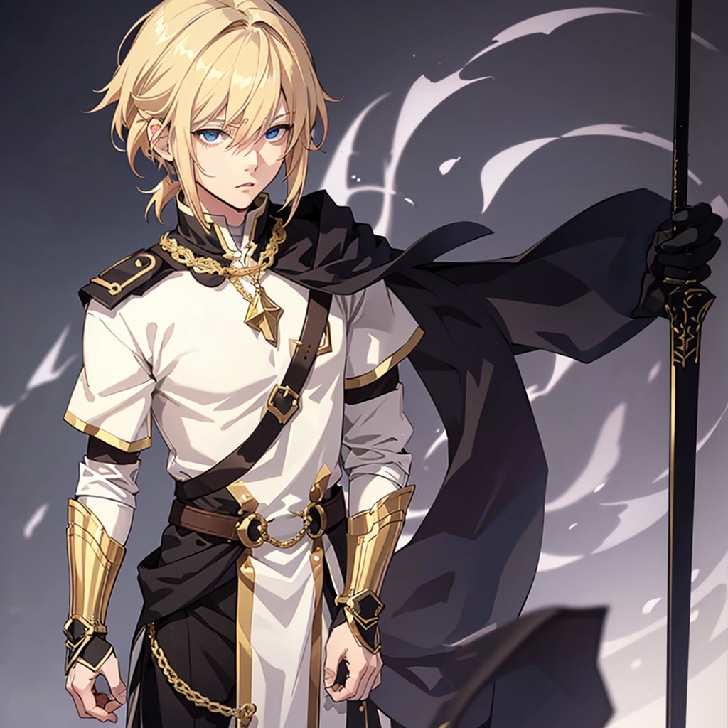 Anime attractive man, 20 year old, blonde hair, very very short ponytail, tall, muscular, white relatively tight mage tunic, black gloves, thin gold lining, solo, one person, knight, gold arm bracers, masculine face