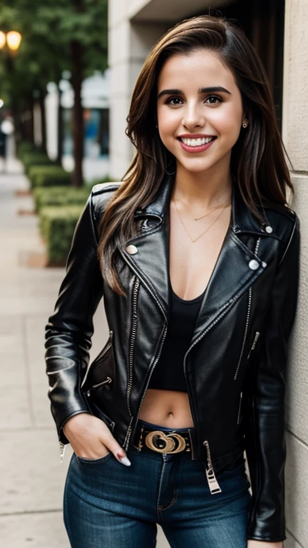 Carly Rose Sonenclar wearing sexy biker clothes wearing lipstick and smiling