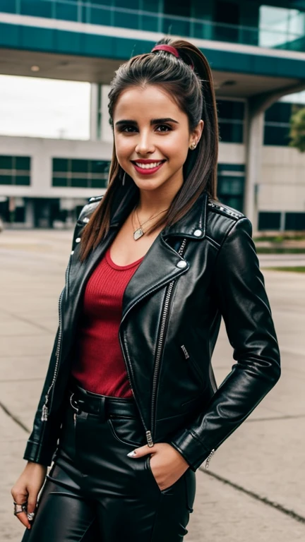 Carly Rose Sonenclar wearing sexy biker clothes wearing lipstick and smiling