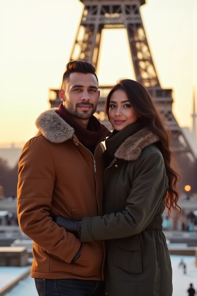 Indonesian man (33 years old, handsome, clean face without mustache and beard, undercut hair, sturdy body, brown skin, wearing a thick winter jacket, slim fit black jeans) standing posing like a model on the Eiffel Tower in Paris, complete with his body and a photo visible face, photo with his 27 year old girlfriend, beautiful face, long hair, wearing a thick winter jacket, bright atmosphere, snowing, sunset light. ultra HD, true photo, high detail, ultra sharp, Leica camera
