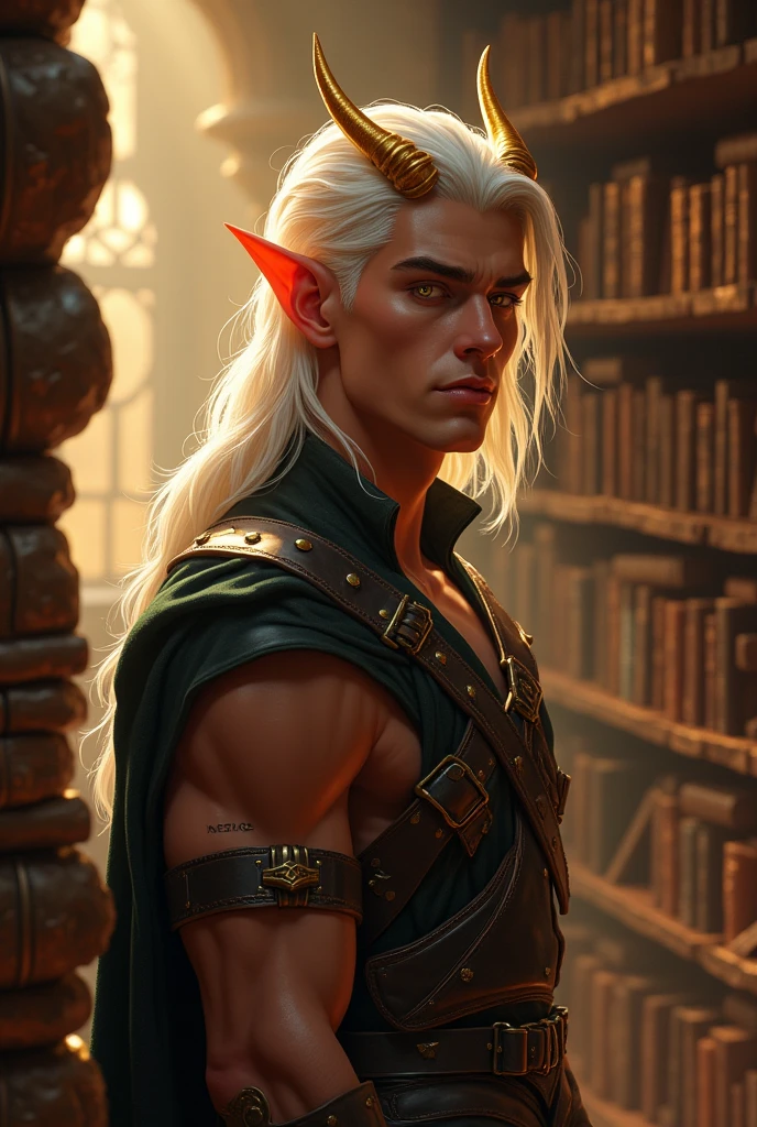 High-fantasy concept art. Medium shot. Blue young muscular male tiefling with smooth, clean shaven face, a prominent very sharply pointed chin, swept back shoulder length white hair, golden horns, and brightly shining golden eyes in a mystical, ancient library. Golden hour. Soft, mystical light spills across the tiefling's facial features, accentuating his sharp jawline and horns. Intricate, leather-bound tomes line the shelves behind him. Warm, rich colors and atmospheric shadows. Best quality. Masterpiece. 8k resolution. Infinitely detailed. Dungeons and Dragons. Fantasy creatures. Mythical beings. High-fantasy worlds. Wizards of the Coast. Equipped warrior. Mystical auras. Leather armor. Sorcerous elements.