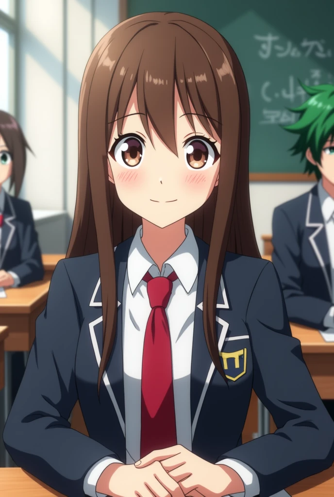 Screenshot of my hero academia girl with long straight brown hair with bangs,She has light brown eyes and a happy expression. She is wearing a UA uniform. In the background there is a UA school class and she is sitting at a table. Behind her there is a boy with green hair. (Izuku Midoriya)