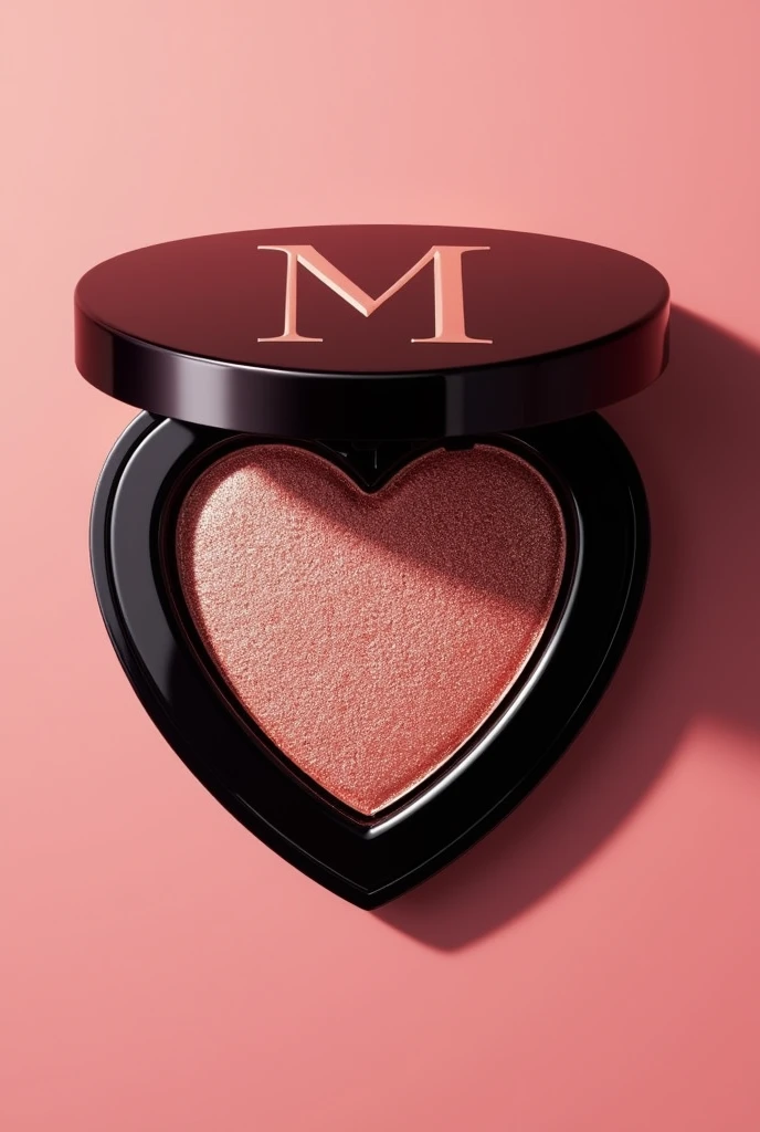Make me a single eyeshadow with heart shaped packaging, coated in a rose gold and pink color inspired by Charlotte Tilbury cosmetics and on the cap is a black M logo with a small heart on the black tip