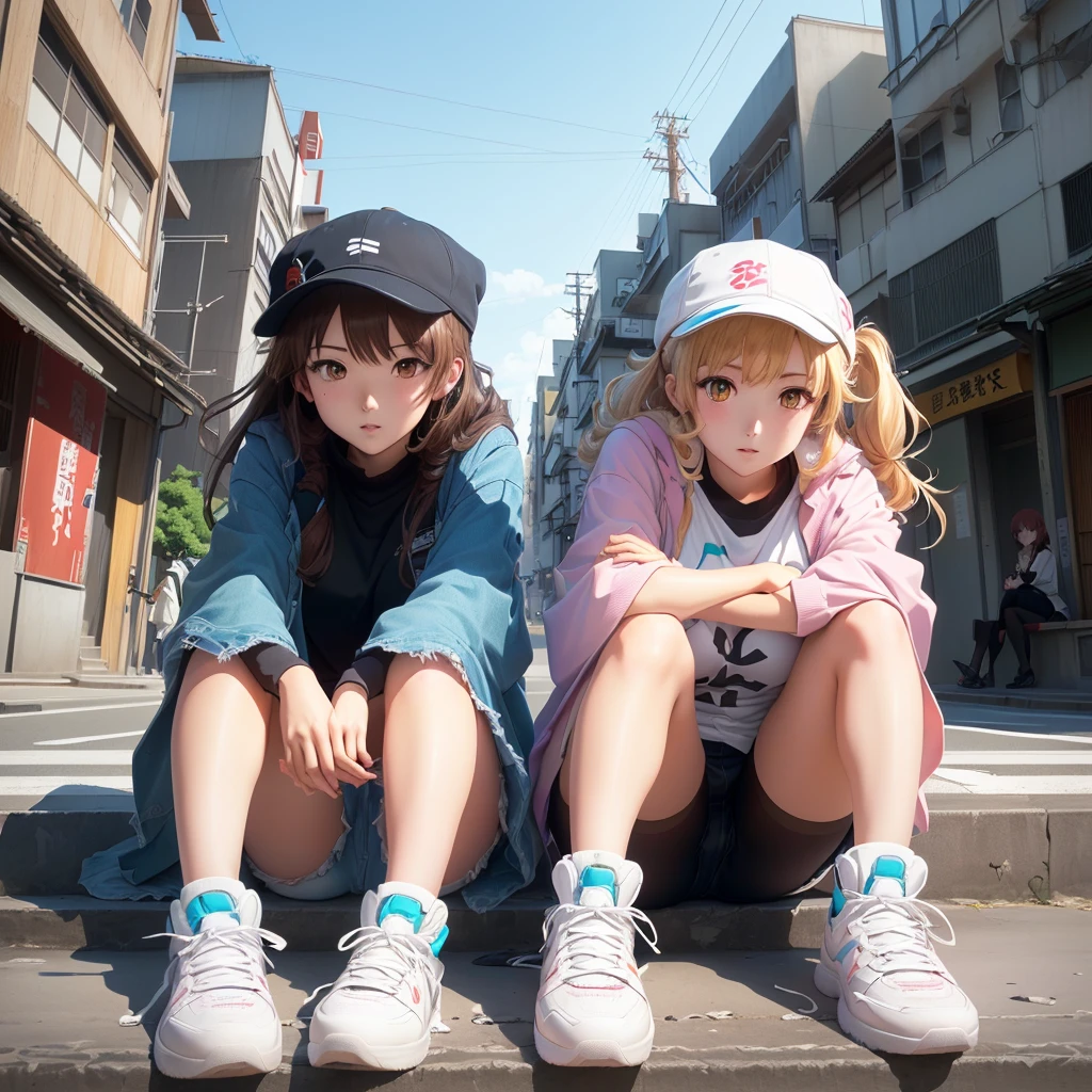 and 2girls sitting on a curb in a city, in anime style, style of kyoto animation, HDR