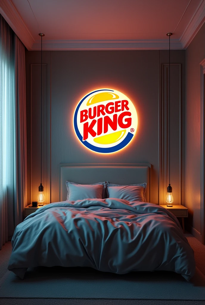 Bedroom, Bed, Wardrobe, Luminous Buger King logo hanging on the wall, 8k, High Quality