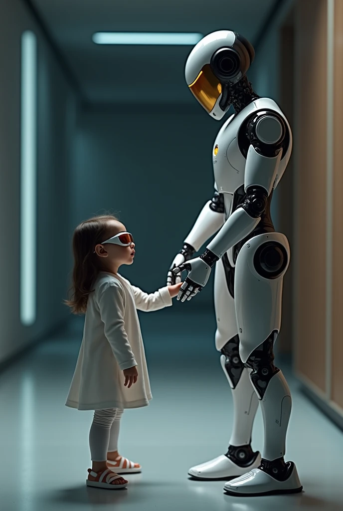 Robot helping full black blind glass weared
child to walk carefully