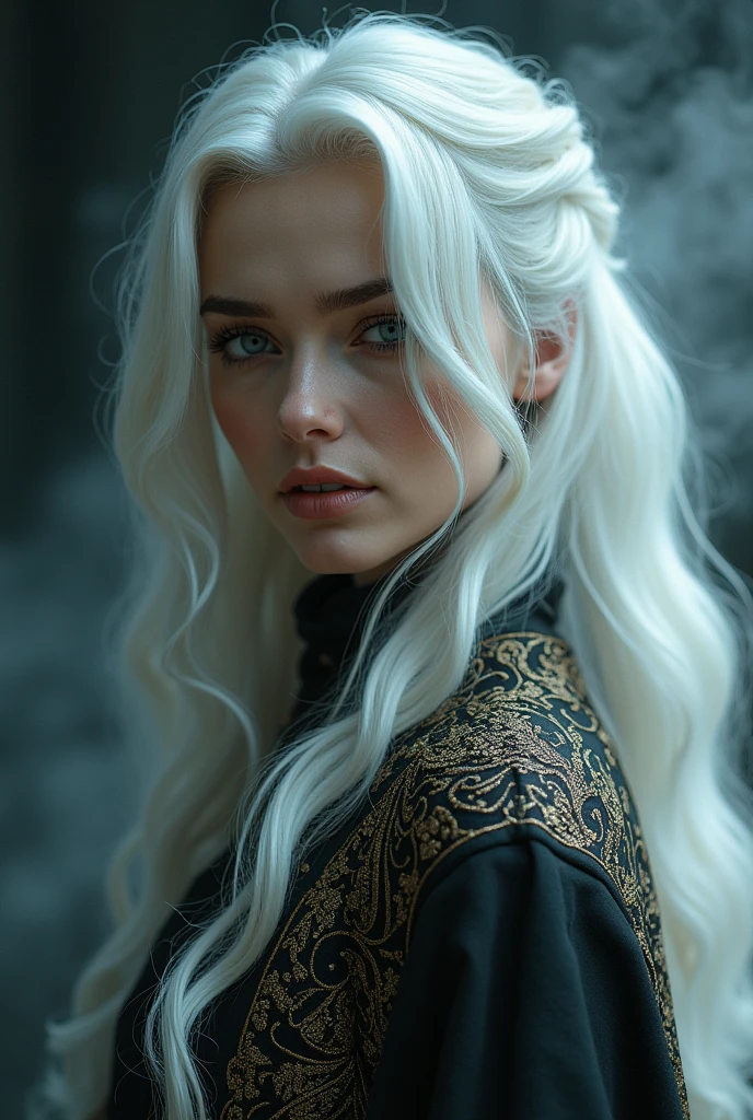 portrait, Belle femme, wHite Hair, robe ornée, (long Hair in waves like smoke):0.85 , expression confiante, détaillé, 16k, SF, complexe artwork masterpiece, sinistre, affiche du film matte painting, Nombre d&#39;or, tendance sur CGSociety, complexe, épique, tendance sur artstation, par artgerm, H. r. Giger et Beksinski, HigHly détaillé, vibrant, production cinematic cHaracter render, ultra HigH quality model:1