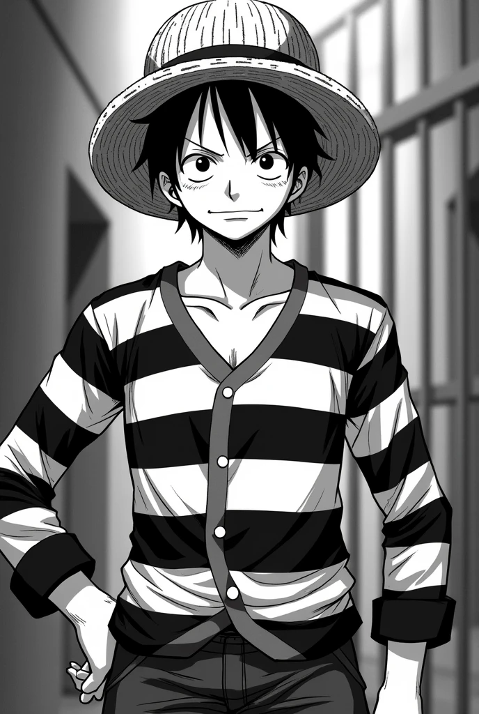 Monkey D. Luffy in prison uniform black and white striped long sleeves Original anime One Piece