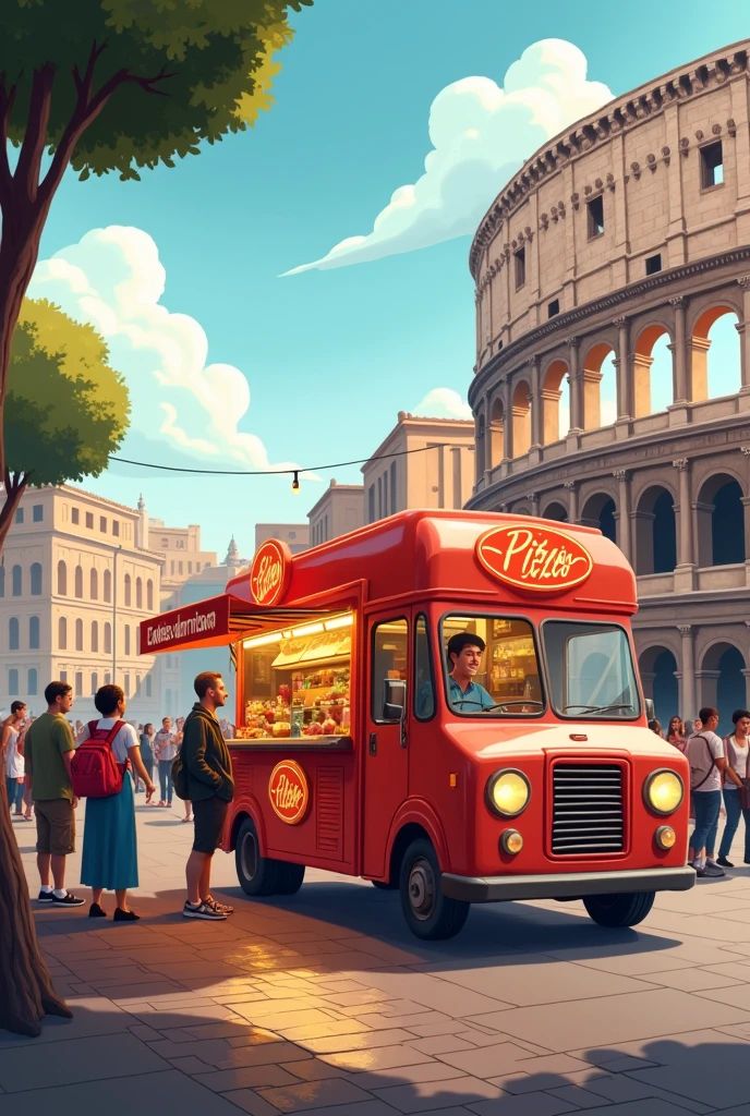 Un foodtruck avec des pizza près du coliseum a rome qui vend des pizza italienne avec des gens autour avec une pancarte pizza