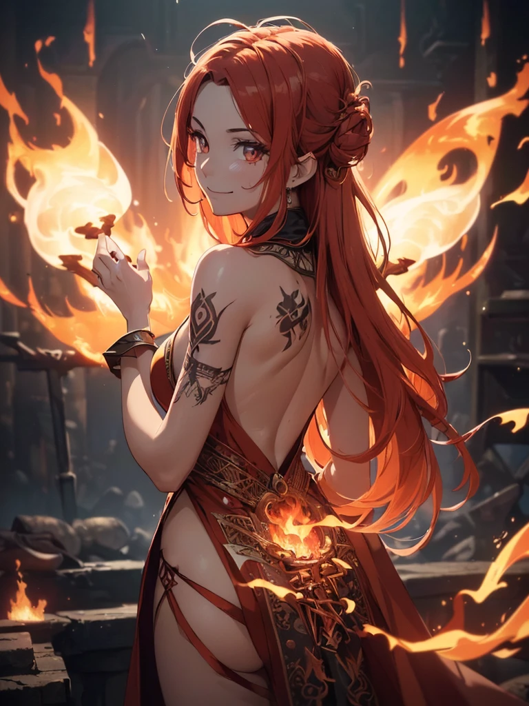 (((best quality, sharp image, clear image, cinematic lighting, 8k resolution, masterpiece, ultra detailed, intricate))) Girl, (((looking over left shoulder))), (shot from behind), fire mage, ((intricate background)), ((chaotic background)), red hair, smiling, ((flame runes, flame sigils)), (tatoo on back), slim figure, flying sigils, long dress, cute