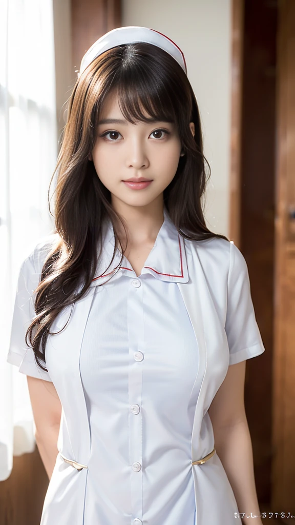 masterpiece, Highest quality，16K, Ultra-high resolution，The light and shadow of reality，Cinema Lenses，((Very skinny)),((Very firm and shapely beautiful large breasts)),((High nose、Small Mouth)),((Clean and slim face line)),((Big dark eyes with long eyelashes)),((Very small face))((Very slim and beautiful arms)),((She is very thin and has a great figure)),((Pure white beautiful skin)),((Cute Japan)),nurse、nurse break ((((White nursing uniform、white nurse uniform:1.3)))),Hospital room,,(Beautiful Eyes:1.1)，Reflecting clear eyes and a gentle smile,