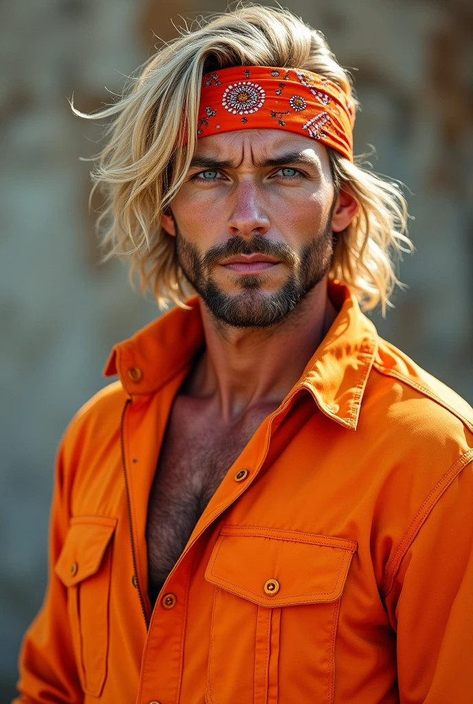 A blue-eyed, blonde-haired man in an orange outfit and bandana