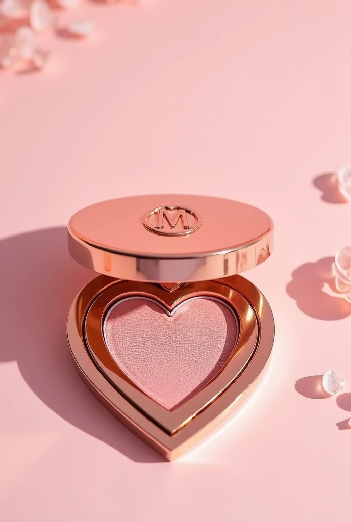 Packaging 1 single eyeshadow with heart shape, coated in a rose gold and pink color inspired by Charlotte Tilbury cosmetics and on the cap is the letter M logo with a small heart on top 