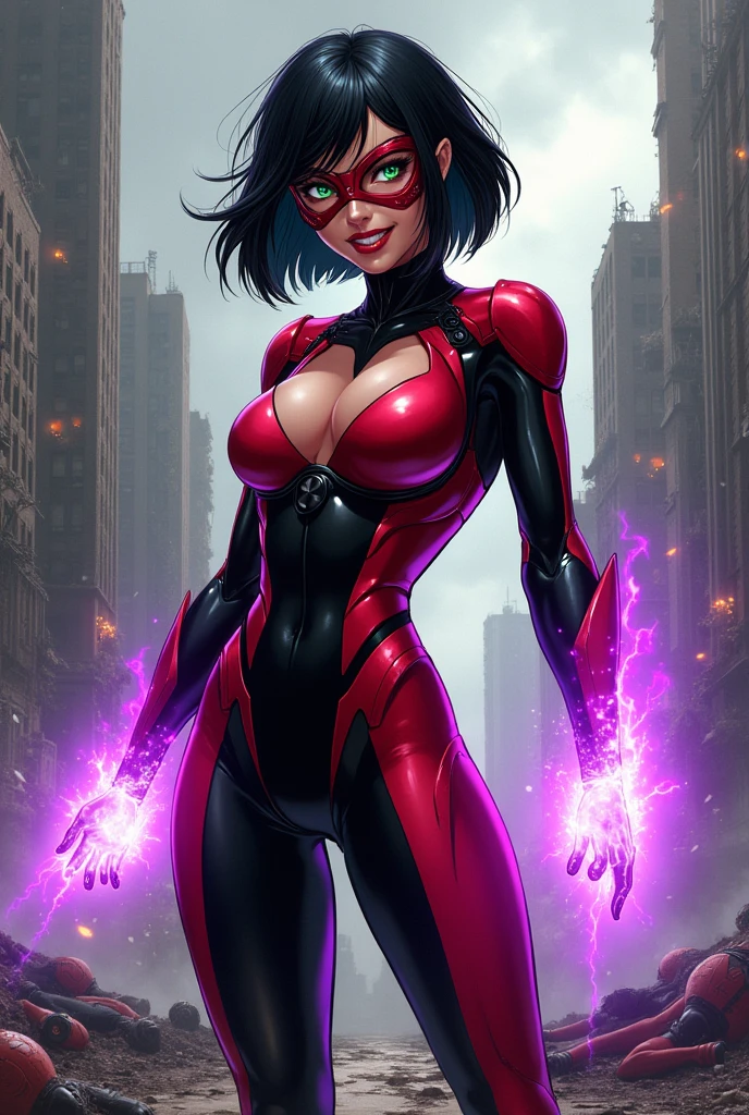 Manga style. A confidant, sexy pose of a Beautiful and powerful evil supervillain woman with short black hair in a layered bob, green eyes covered by a red and black high tech visor, and red lips, a sadistic grin across her face.  She is wearing a sleek skintight bright red and black high tech power armor and radiating purple energy around her hands. Destroying, Evil wins, destroyed city, lots of bodies of costumed heroes litter the ground.