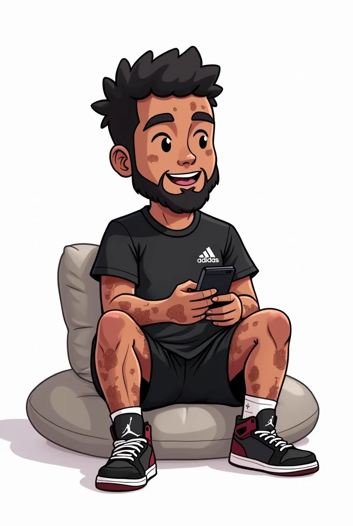 Human man with scars all over his body except his face, hair with curls, short beard black shirt adidad, shorts negros adidas, jordan tennis shoes, sitting on a cushion looking at the phone, with white background chibi drawing style happy relaxed cute anime