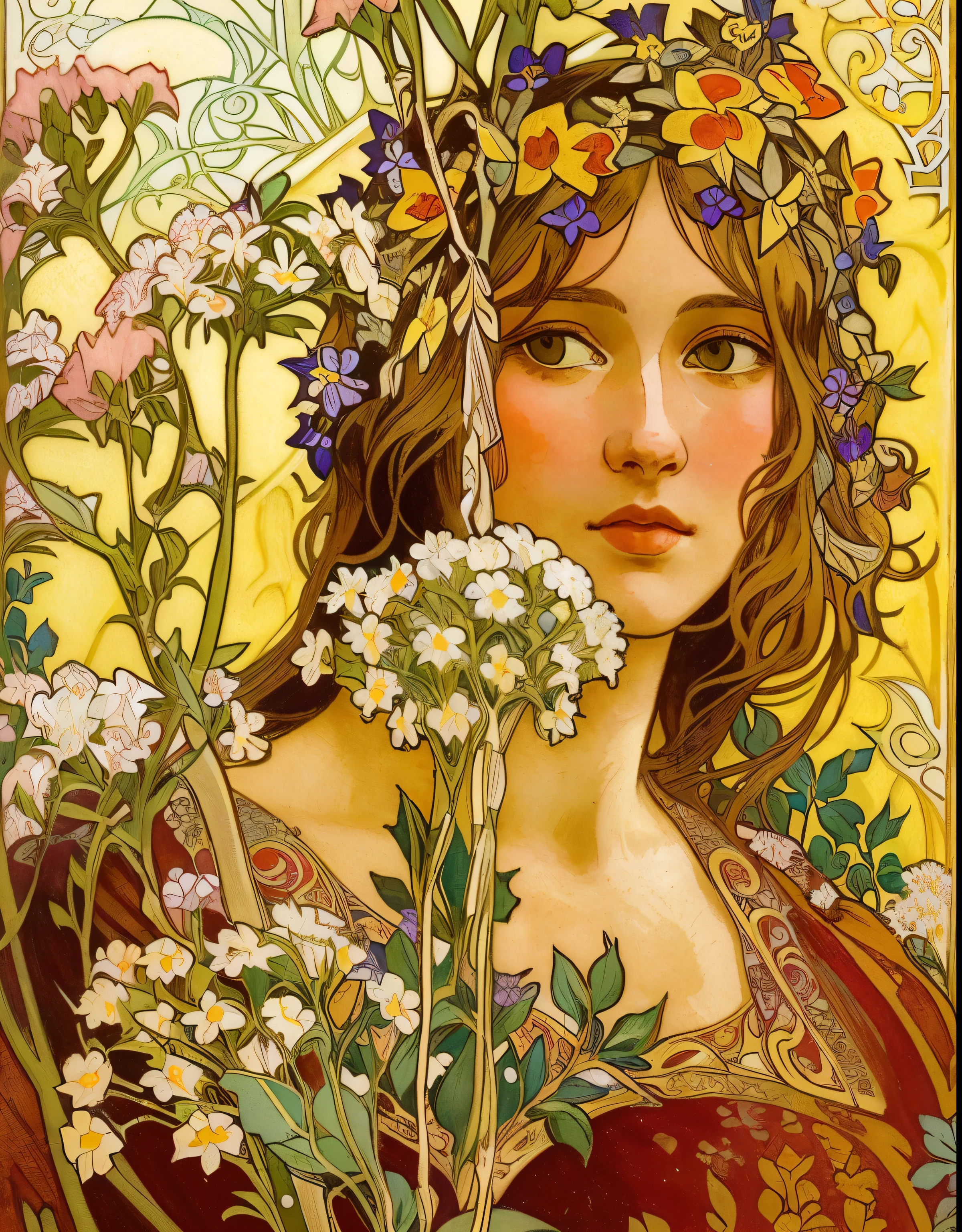 a close up of a woman with flowers in her hair, by Eugène Grasset, art nouveau portrait, alphone mucha, inspired by Eugène Grasset, alsphonse mucha, alphonce mucha, alphonse mucha. rich colors, art nouveau painting, eugene grasset, by Elizabeth Shippen Green, alphons mucha