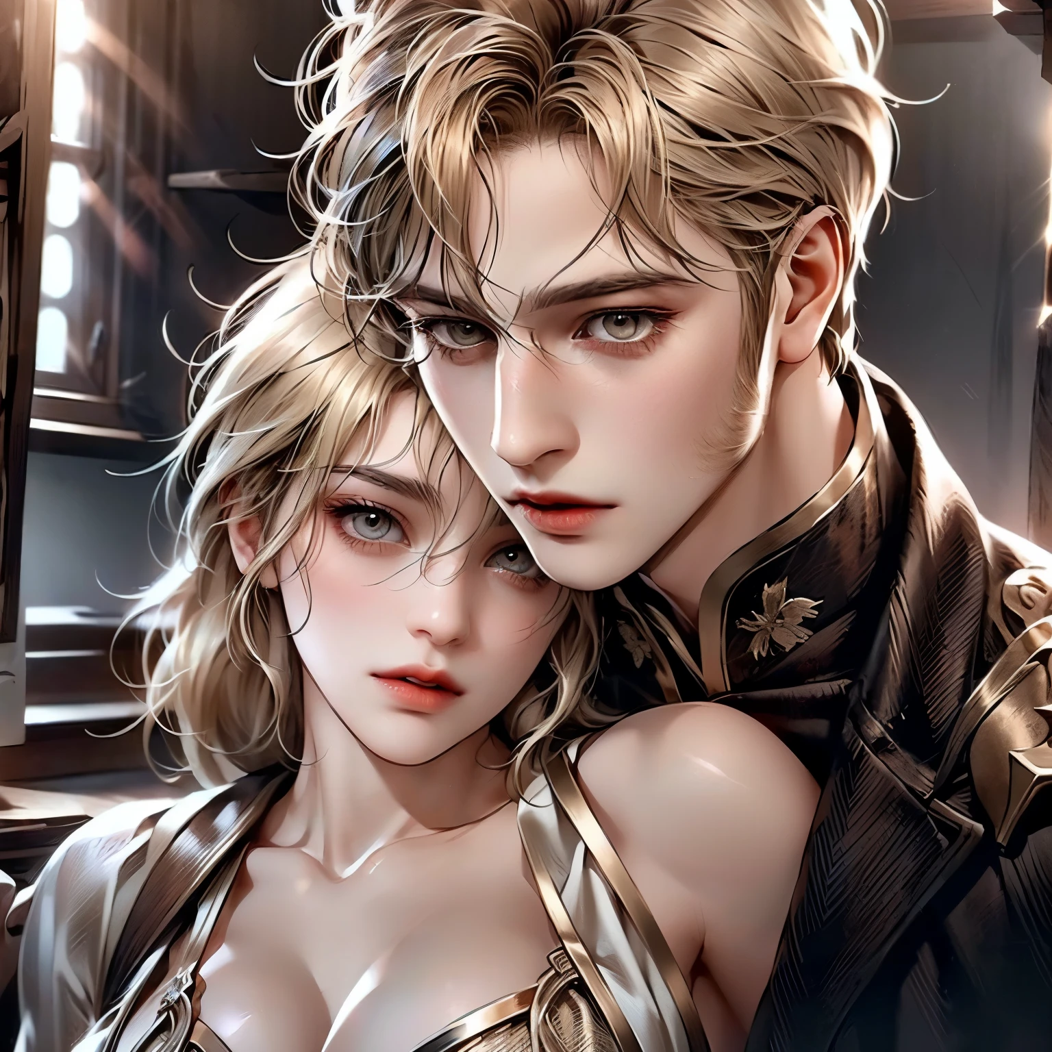 (masterpiece), (5K), (best quality), 2d Couple,((a blonde hair woman , pushed back locks, sharp eyes, slit_ pupils, pale eyes, small breasts)), brown eyes, ultra well detailed eyes, ((a light blonde hair guy, royal clothes)), a passionate hug