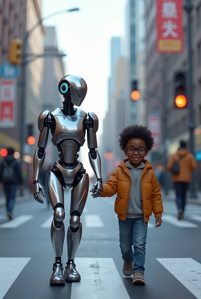 Robot helping full black blind glass weared
child to walk carefully in road