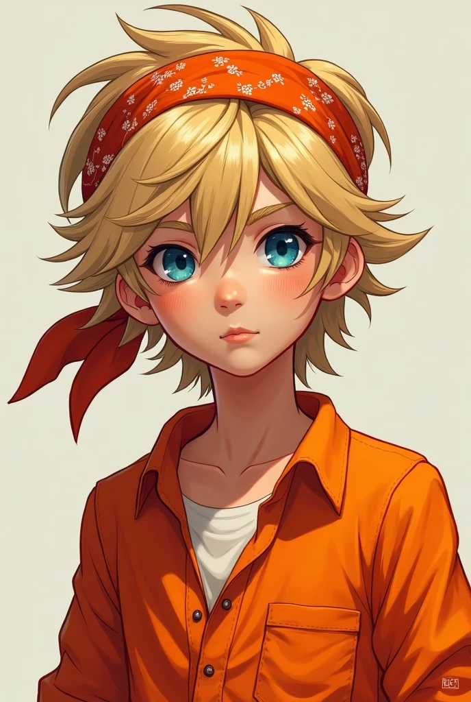 A 13 year old with blue eyes and blonde hair wearing an orange outfit and bandana 

