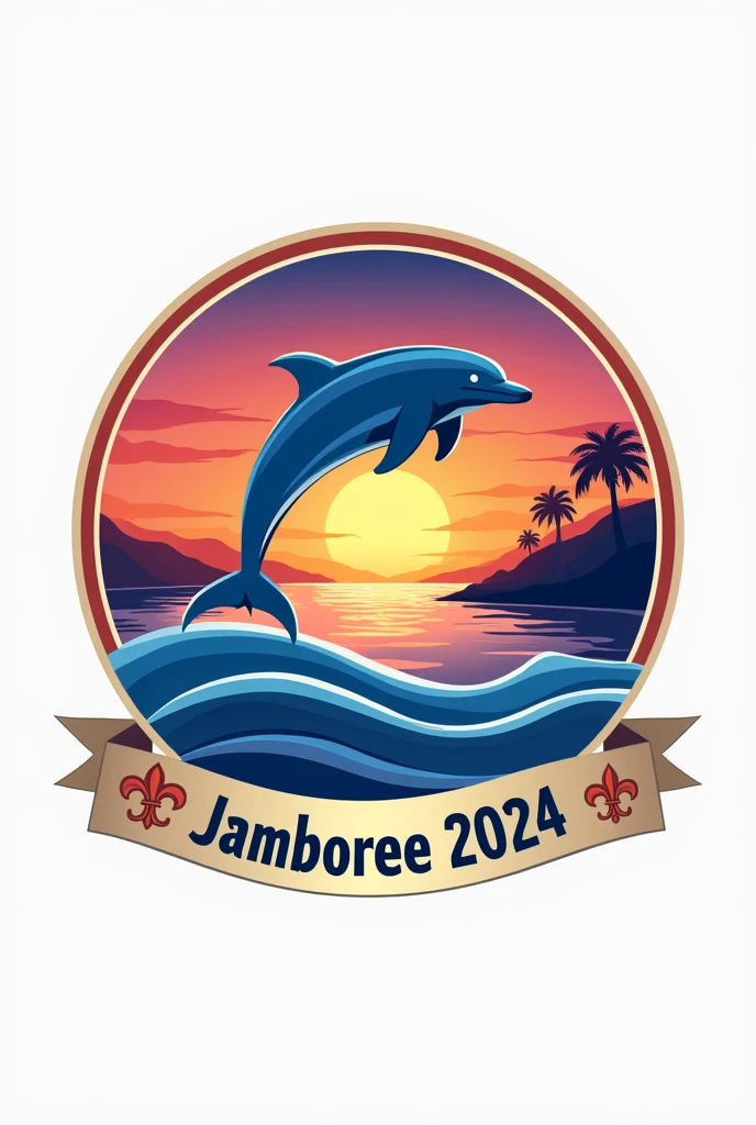 I need a round logo that has a dolphin with a sunset in the background and the fleur-de-lis of the world scout movement., that below the image has the word JAMBOREE 2024 on a ribbon