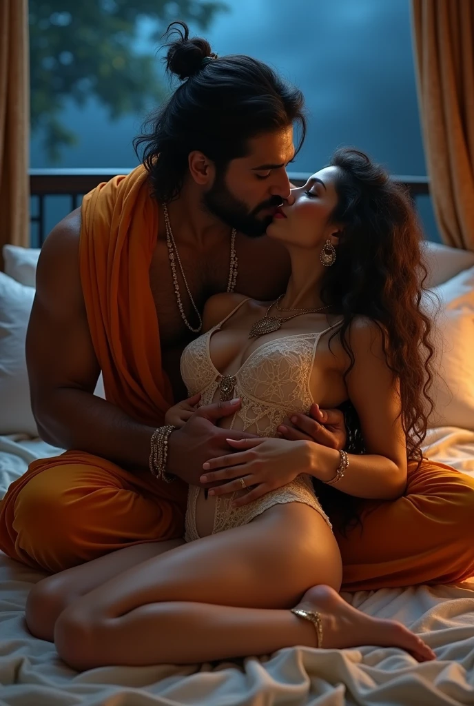 Generate a tender and romantic digital illustration of an Indian couple sharing a loving kiss while lying on a bed. Capture the warmth of their connection, paying attention to cultural details in their attire and surroundings. Create an atmosphere of intimacy and affection, portraying the beauty of their relationship. (show cleaveage), (show underboob), (show sexy belly). (show thigh)