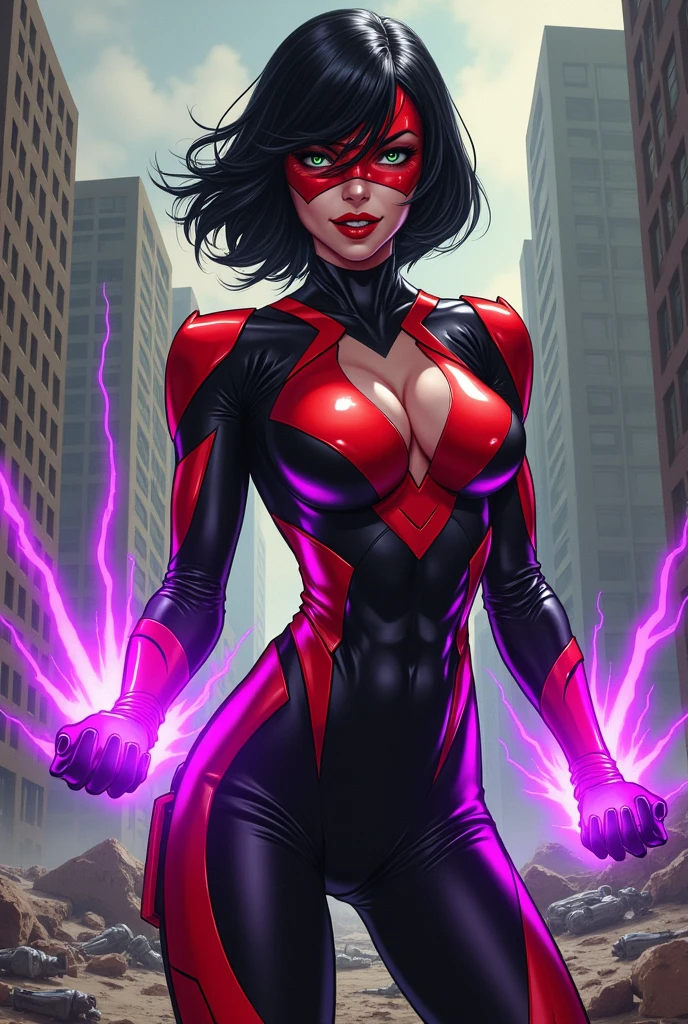 Manga style. A confidant, sexy pose of a Beautiful and powerful evil supervillain woman with short black hair in a layered bob, green eyes covered by a red and black high tech visor, and red lips, a sadistic grin across her face.  She is wearing a sleek skintight bright red and black high tech power armor and radiating purple energy around her hands. Destroying, Evil wins, destroyed city, lots of bodies of costumed heroes litter the ground.