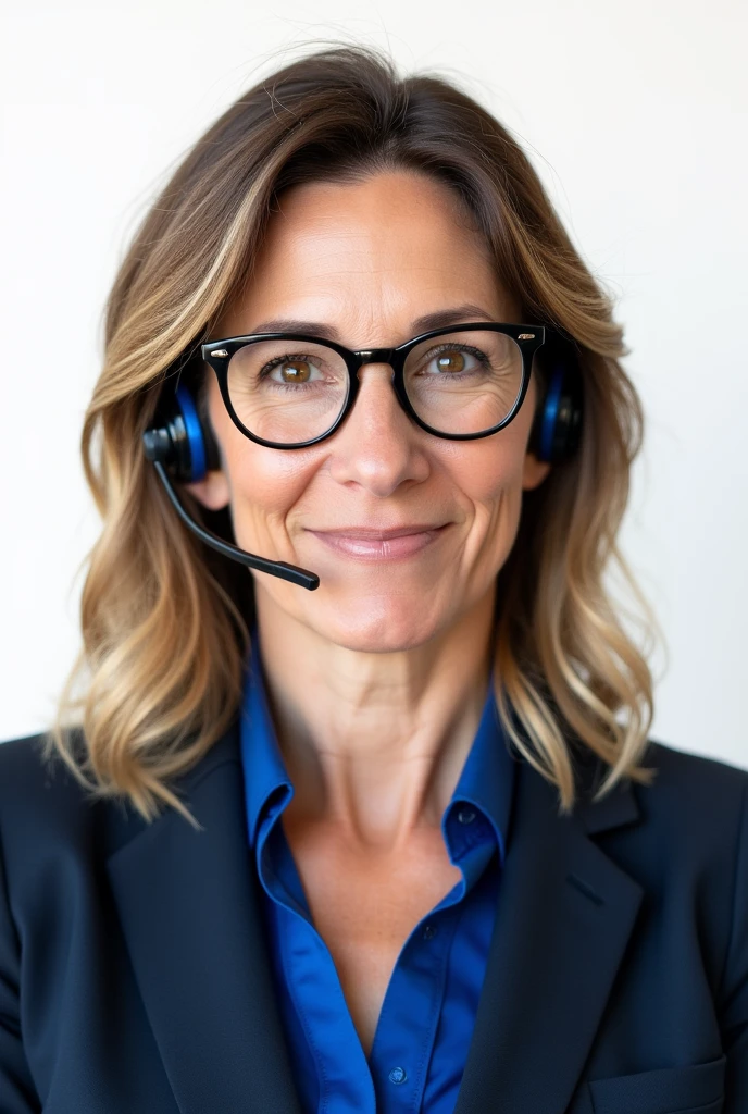 40 years old woman , customer service representative ,with business attire with blue detail, brown hair with blonde highlights to the shoulder ,brown eyes with black glasses , white background ,