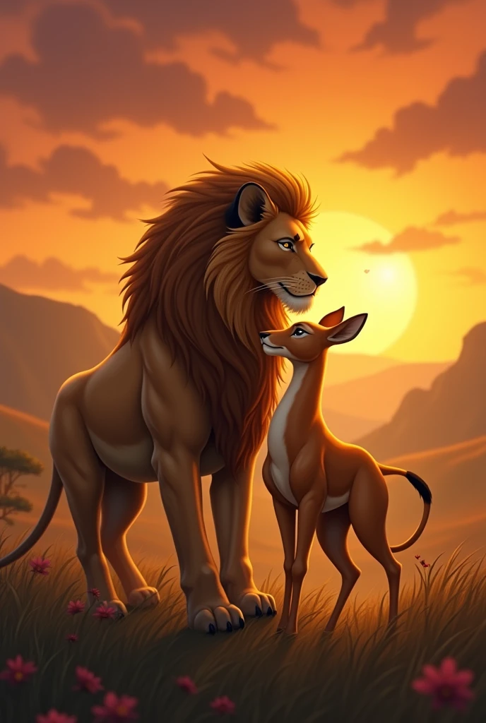 A lion and a golden doe embrace at sunset