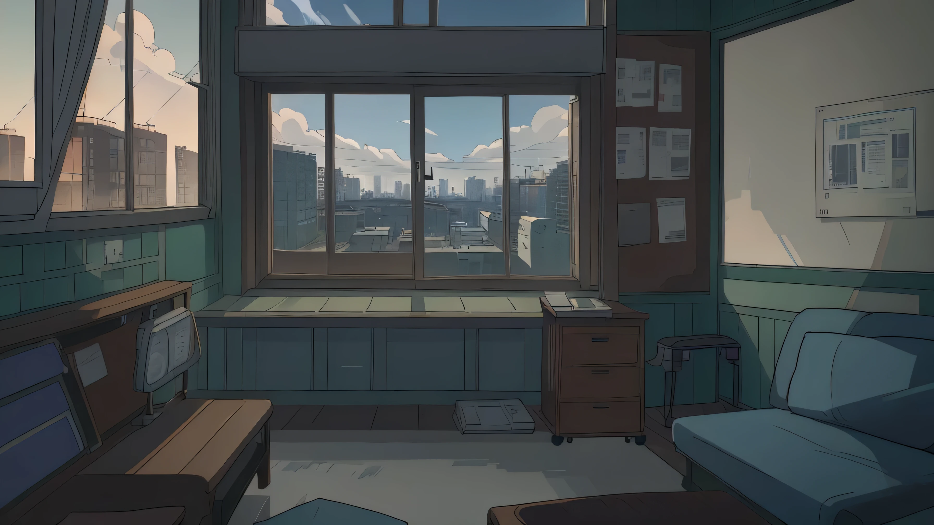 perfect anime illustration, hospital room, couches, window with town in it, (no people), russianebenya, masterpiece, best quality, ultra high res,