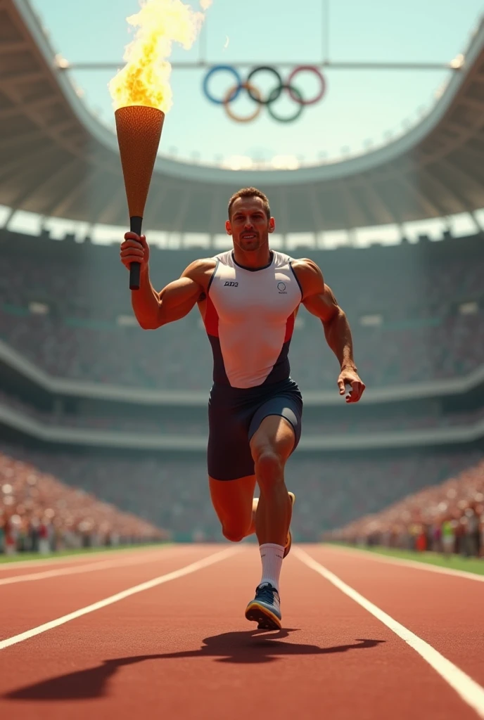 Olympic medalist running and holding Olympic torch in the middle of the stadium 