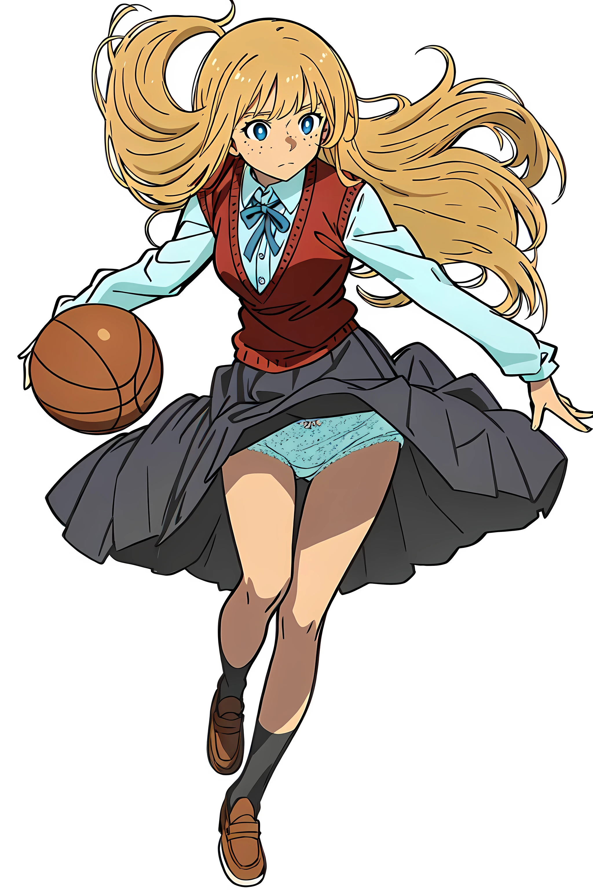 (white background:1.0), (best quality:1.0), (masterpiece:1.0), (super fine illustration:1.0), (beautiful artwork:1.0), (anime screencap:1.0), (official art:1.0), (detailed cotton panties:1.0), (playing basketball:1.0), (solo:1.0), (european:1.0), (a 18yo cute girl:1.0), (long skirt:1.0), (black skirt:1.0), (pleated skirt:1.0), (red knit vest:1.0), (white long sleeve dress shirt:1.0), (blue neck ribbon:1.0), (loafers:1.0), (black socks:1.0), (ideal ratio body proportions:1.0), (lanky:1.0), (tall:1.0), (slender:1.0), (small breasts:1.0), (smaller face:1.0), (tareme:1.0), (freckles:1.0), (serious:1.0), (detailed beautiful eyes:1.0), (detailed beautiful face:1.0), (glowing blue eyes:1.0), (long hair:1.0), (swept bangs:1.0), (blonde hair:1.0), (standing:1.0), (looking at viewer:1.0)