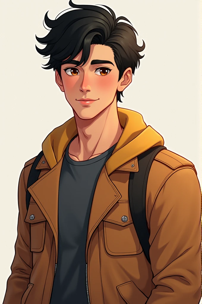 He has 1,73 m, is not very muscular, with short hair, wavy and black. your eyes are brown, fair skin with a touch of tan, and the slightly square face with thick eyebrows and a thin nose. He has a casual style, liking simple superhero clothes, reflecting a calm and charming personality.