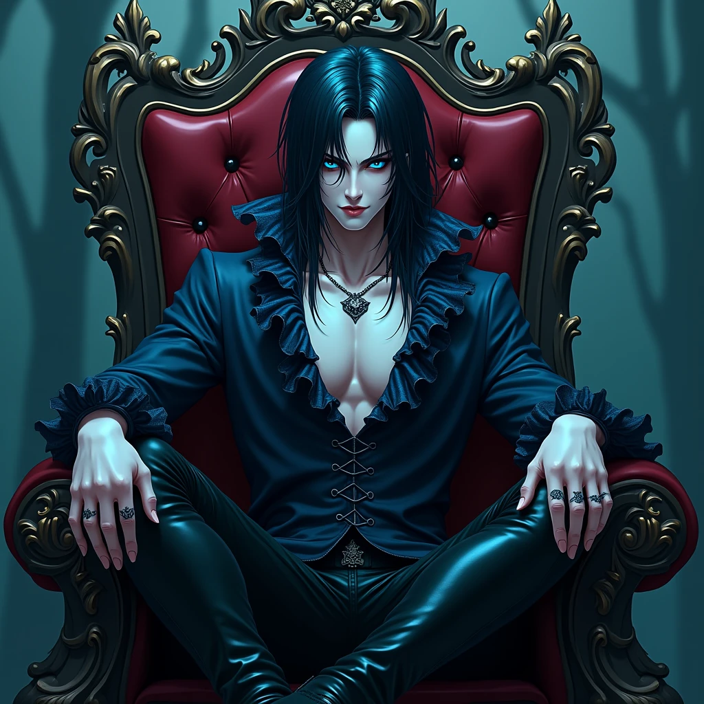 Long black hair. Teal blue eyes, Male, Blue and black frilly gothic clothes. Crown. Surrealism, Sexy, Masterpiece, Shiny. Midnight. Russia. Raining. 8k, super detail, Shiny, Beautifully detailed, Pretty drawn. Sexy pose, hot. Anime. Seductive pose. Vampire. Sitting on his throne and crossing his legs in a sultry way. Looking down and smirking with a malicious expression. Long Shiny Boots. black shiny leather jeans. attractive and delicate facial features. saying "kneel down". Anime style. People are kneeling and bowing down in front of him in horror and begging for mercy. Some of them serve him.